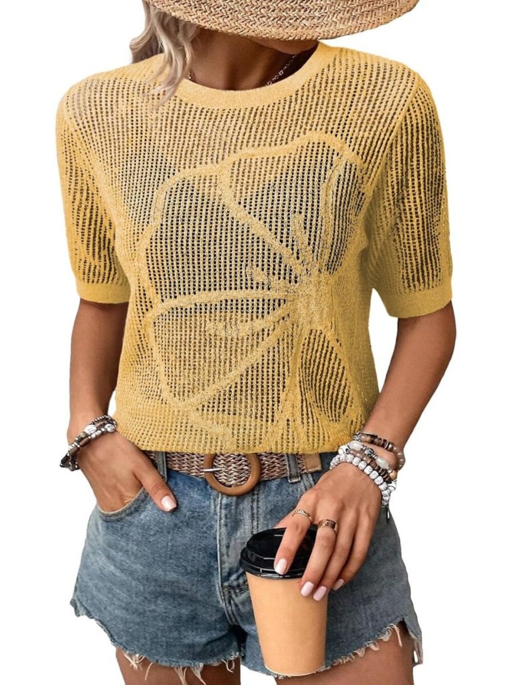 Women Yellow Summer Short Hollow Out Floral Sweaters Beach Vacation Cruise Tops